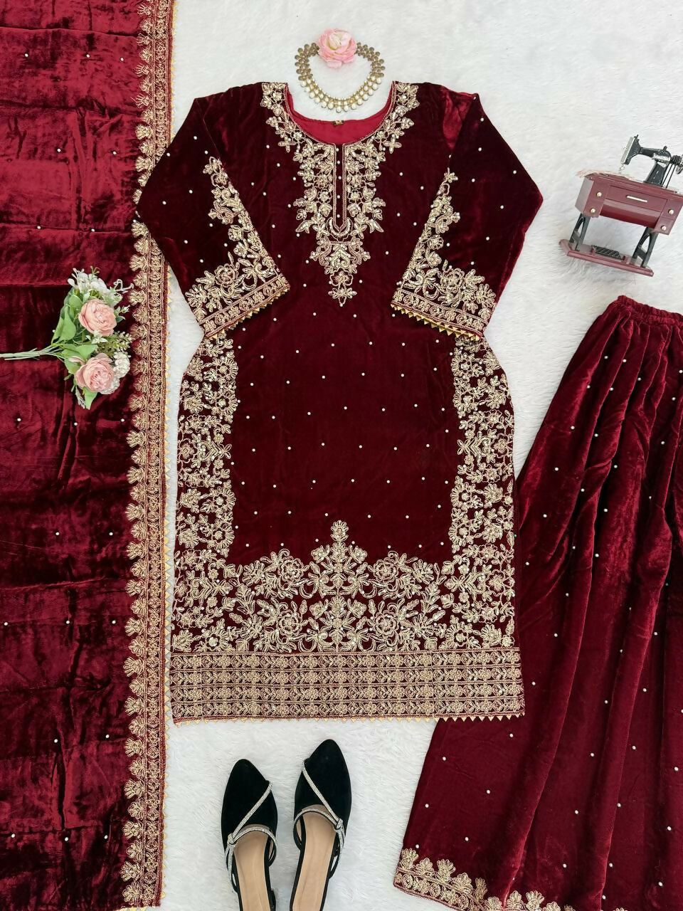 Vastranavya Maroon Viscose Velvet Cording Sequence With Moti Work Top-Bottom With Dupatta | Grocsy