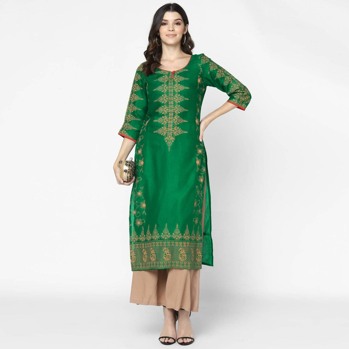 Cheera Hand Block Print Bottle Green Straight Kurta (MAAI-065K) | Grocsy