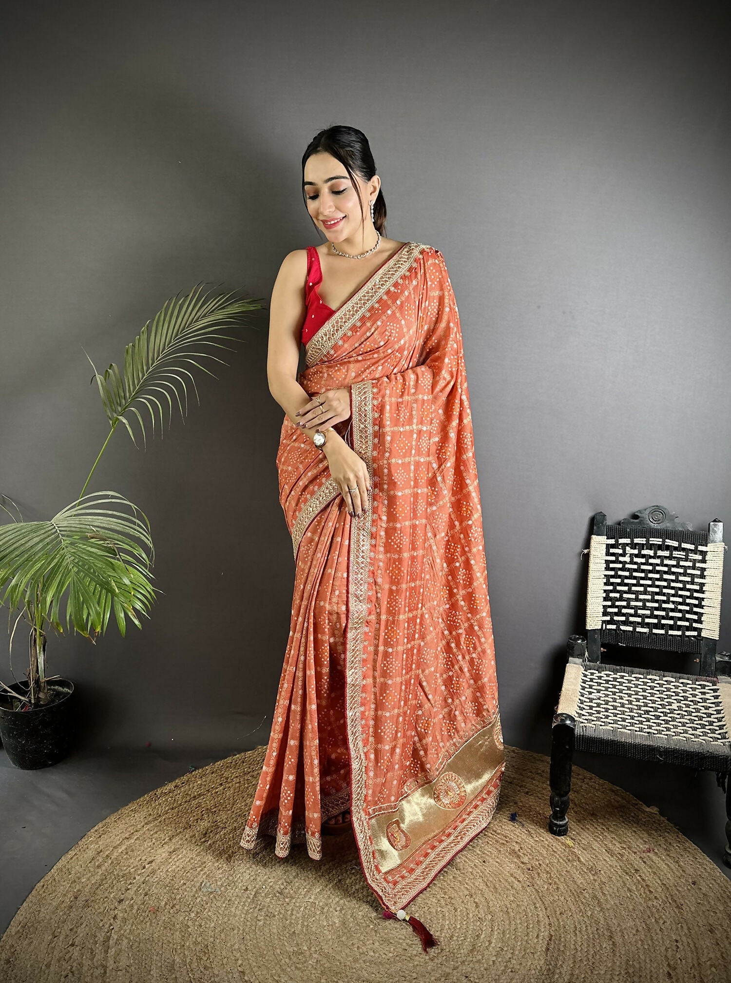 Joban Fashion Peach Bandhej Bandhani Vichitra Silk Bandhani Prints Saree | Grocsy