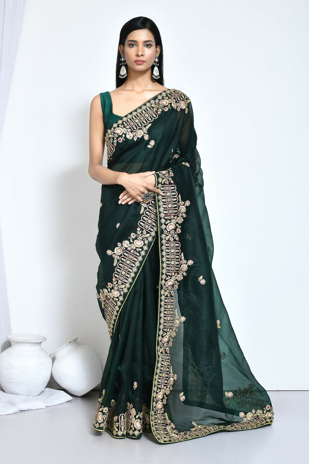 Green Organza Silk Embroidered With Stone Work Festive Saree - Nimaya Denzy | Grocsy