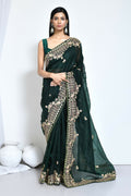 Green Organza Silk Embroidered With Stone Work Festive Saree - Nimaya Denzy | Grocsy