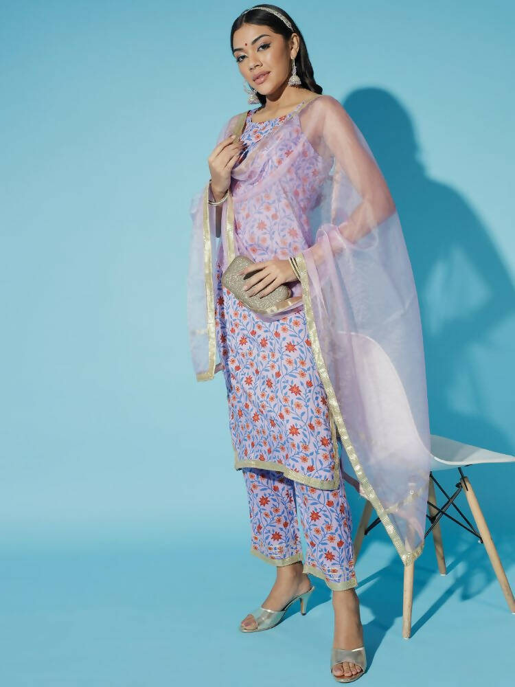 Myshka Women Printed Lavender Kurta & Trousers With Dupatta | Grocsy