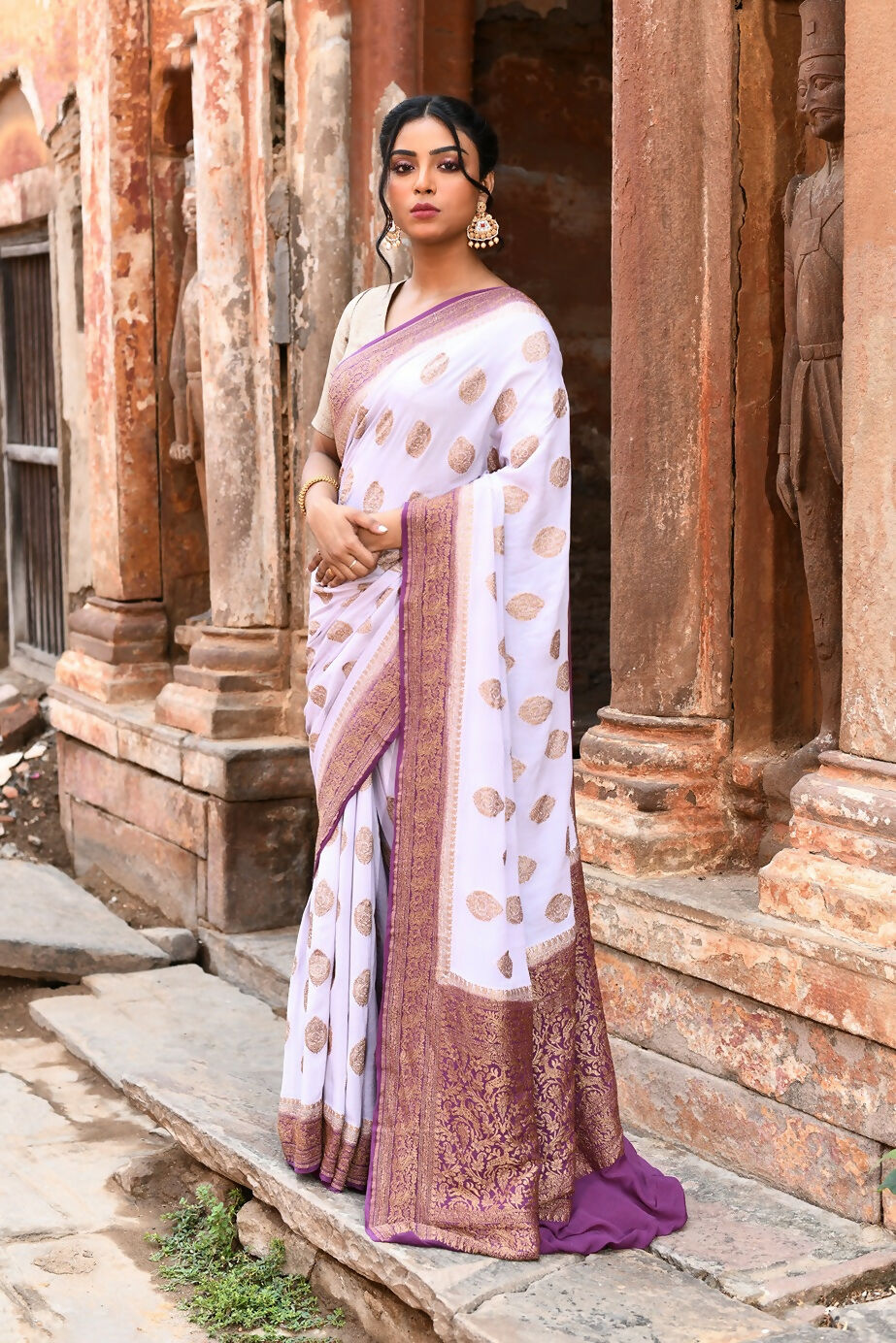 Joban Fashion Light Purple Crepe Chiffon Pure Handloom Banarasi Silk Saree | Grocsy