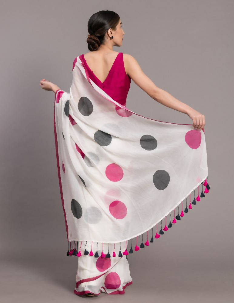 Suta White Pink Polka Dot Printed Pure Cotton Saree | Grocsy