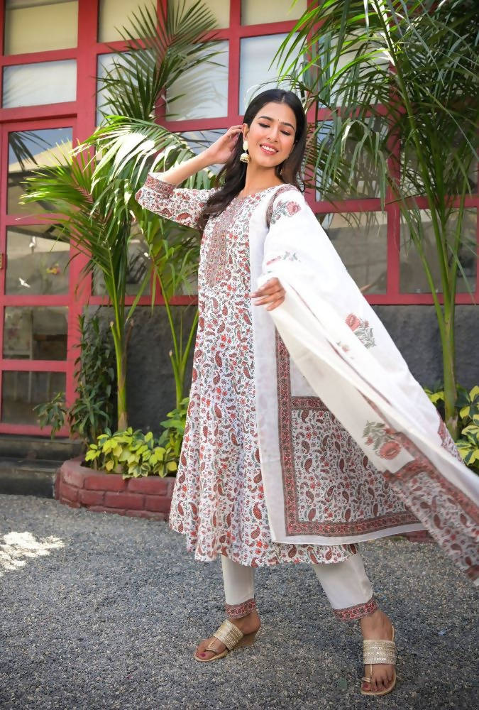 Yufta Women White Paisley Printed Regular Sequinned Pure Cotton Kurta with Palazzo & With Dupatta | Grocsy