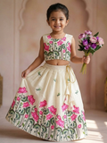 Teeya Creation New Latest Trendy Girls Off-White Lotus Floral Printed Silk Lehenga Choli Set With Tassels-White | Grocsy