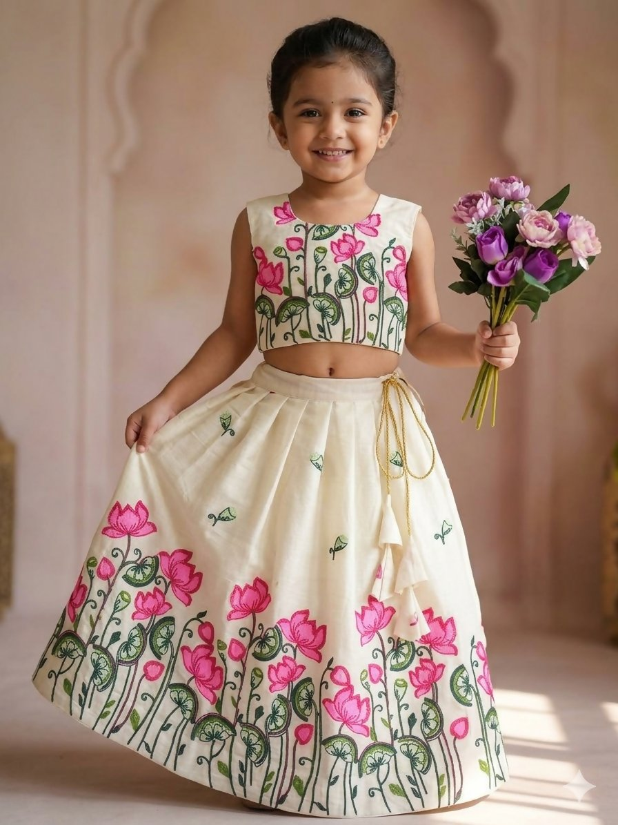 Teeya Creation New Latest Trendy Girls Off-White Lotus Floral Printed Silk Lehenga Choli Set With Tassels-White | Grocsy