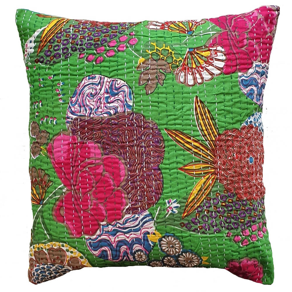 The Decor Nook Parrot Green Base With Multicolour Flowers Print Cushion Cover | Grocsy