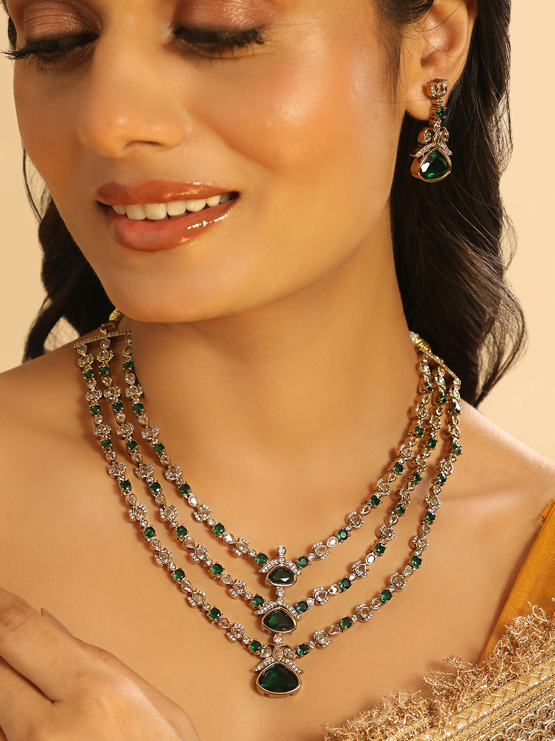 Nuyug 18K Gold Plated Emerald Elysian Layered Necklace Set | Grocsy