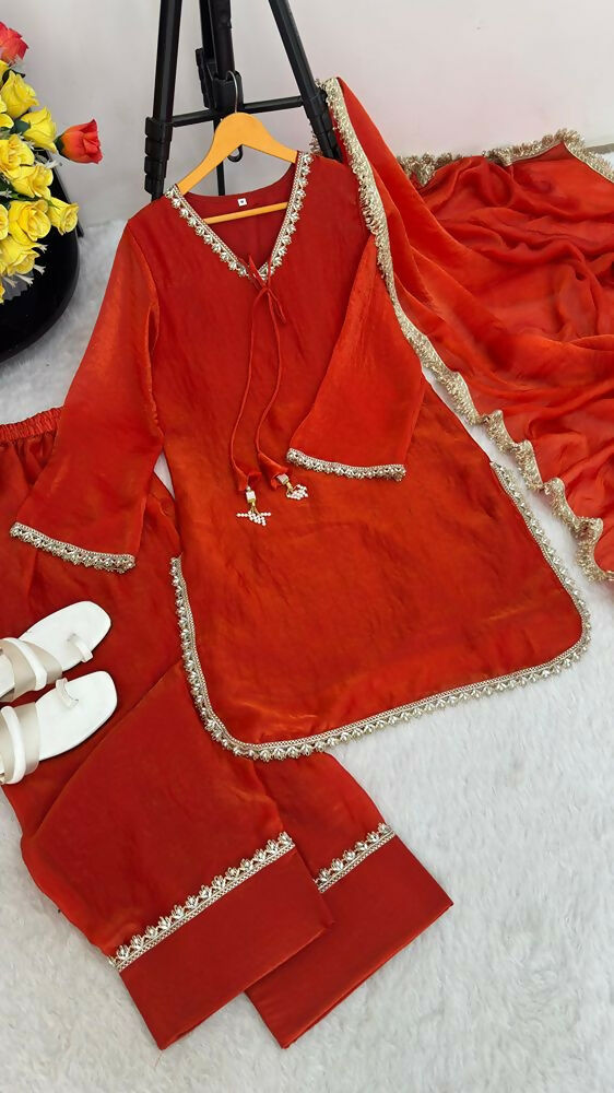 Teeya Creation New Trendy Elegant Orange Chanderi Silk Kurta Set with Delicate Lace Detailing and Matching Dupatta | Grocsy