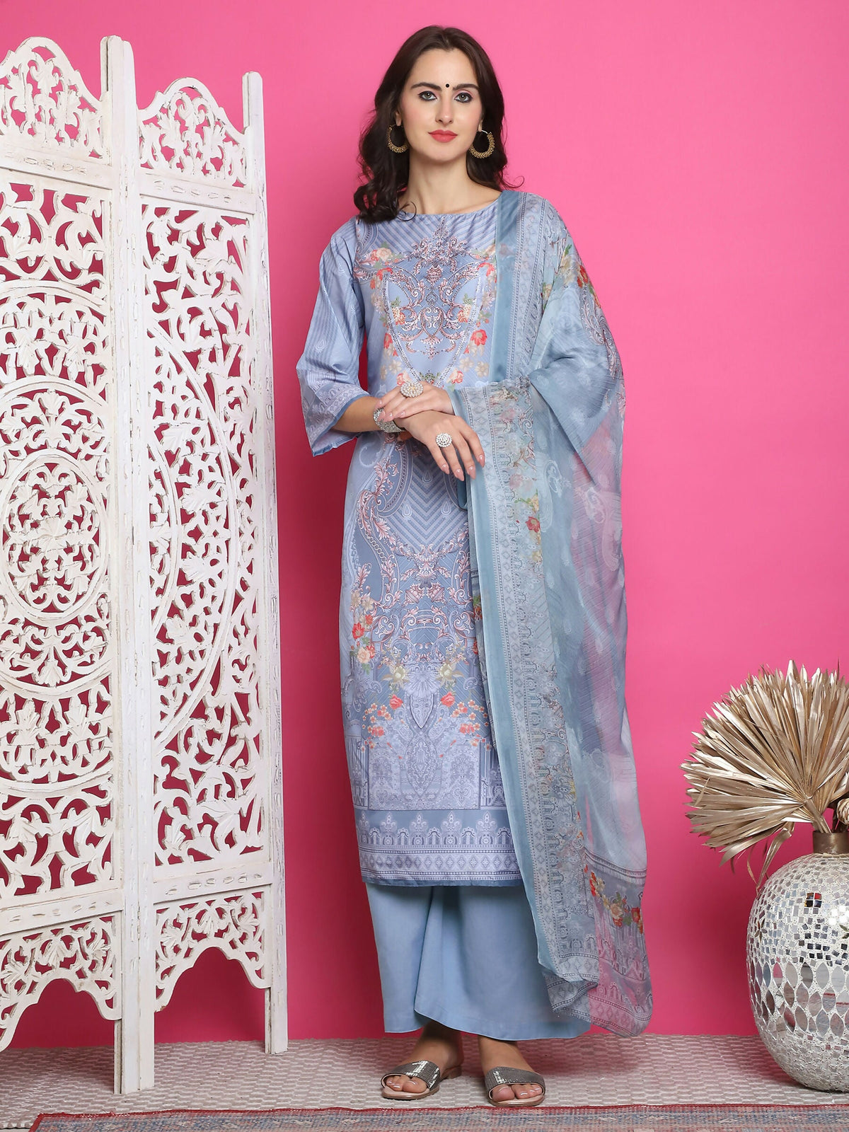 Jyoti Fashion Women's Grey Satin Traditional Digital Print with Crystal work Kurta with Trouser & Dupatta | Grocsy