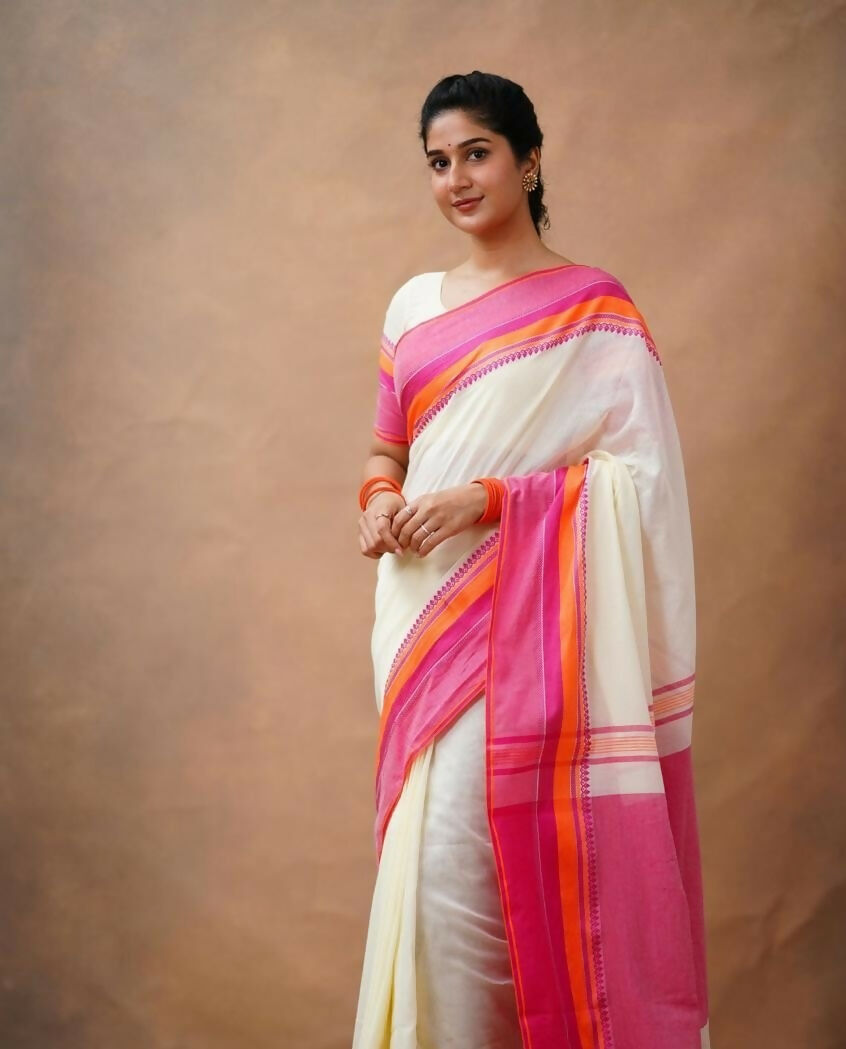 Exclusive Collection Off White Beautiful Khadi Cotton Handloom Saree | Grocsy