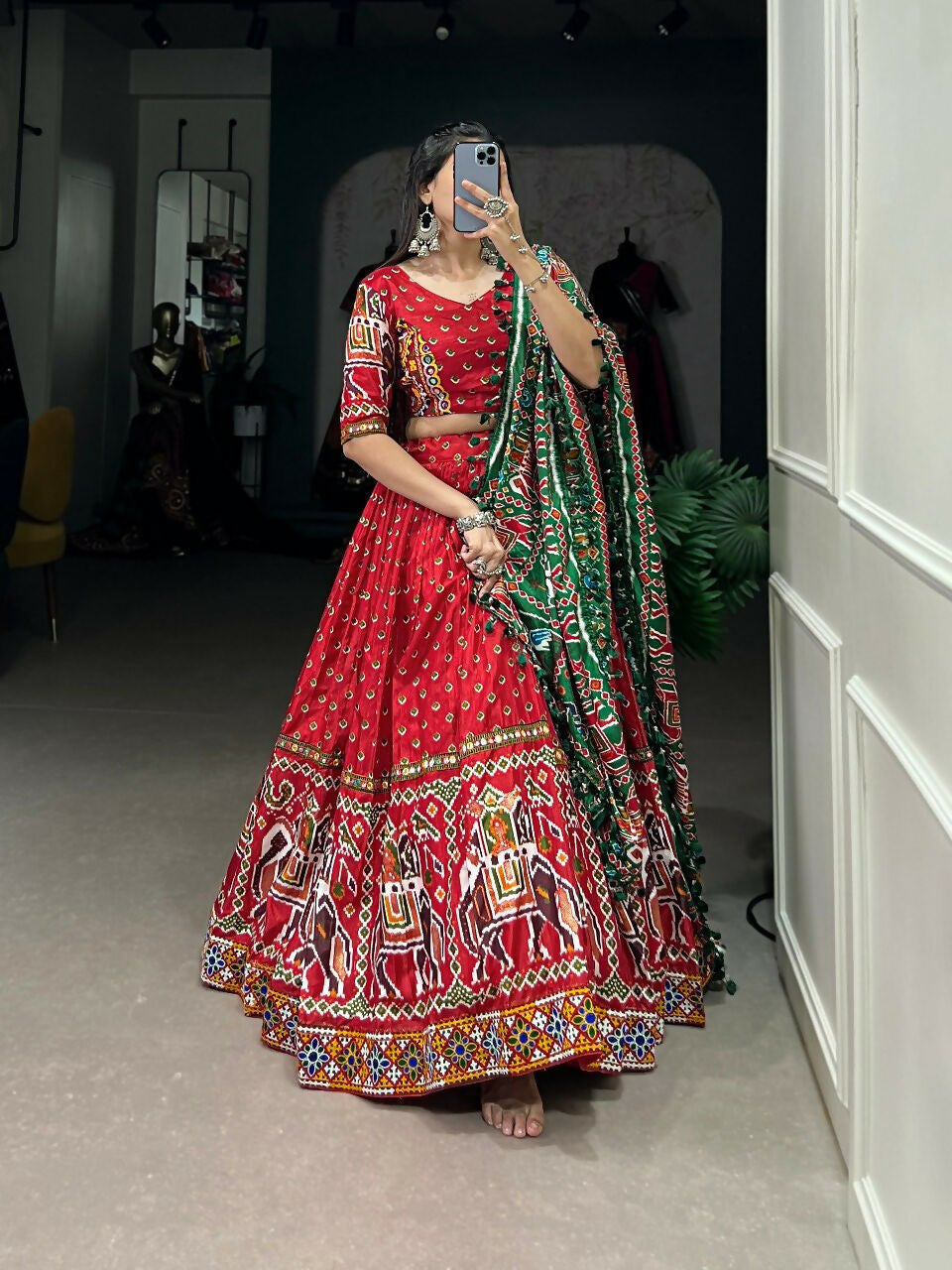 Vastranavya Navaratri Special Dola Silk Patola Print With Gamthi Work Lace Border Lehenga with Stitched Blouse - Red | Grocsy