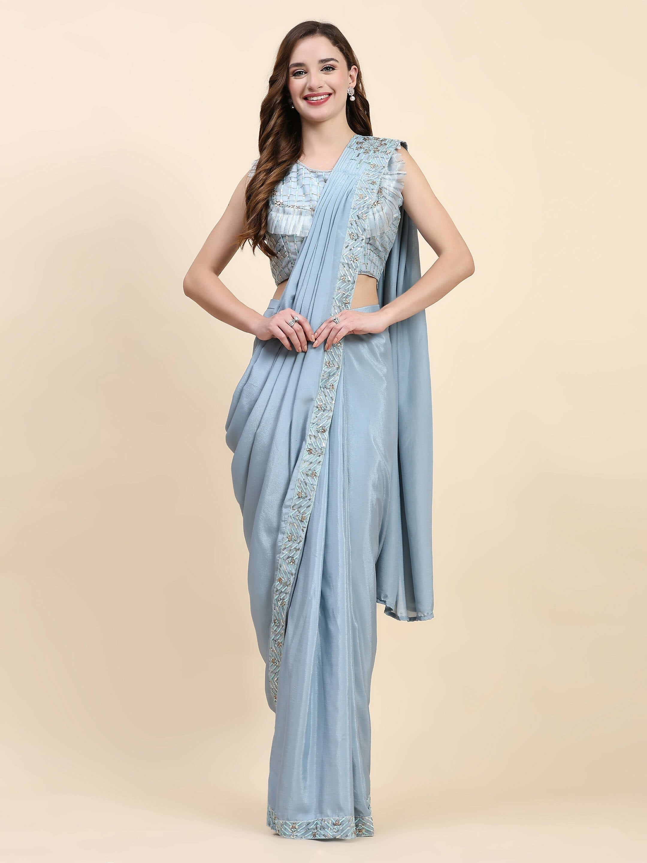 Blue Silk Satin Solid Ready to wear Saree with stitched Blouse - Satiksha | Grocsy