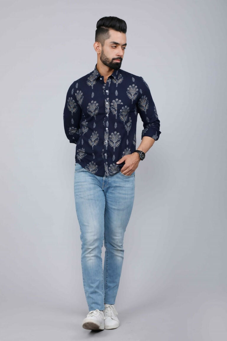 Miravan Men's Blue Spread Collar Floral Print Shirt | Grocsy