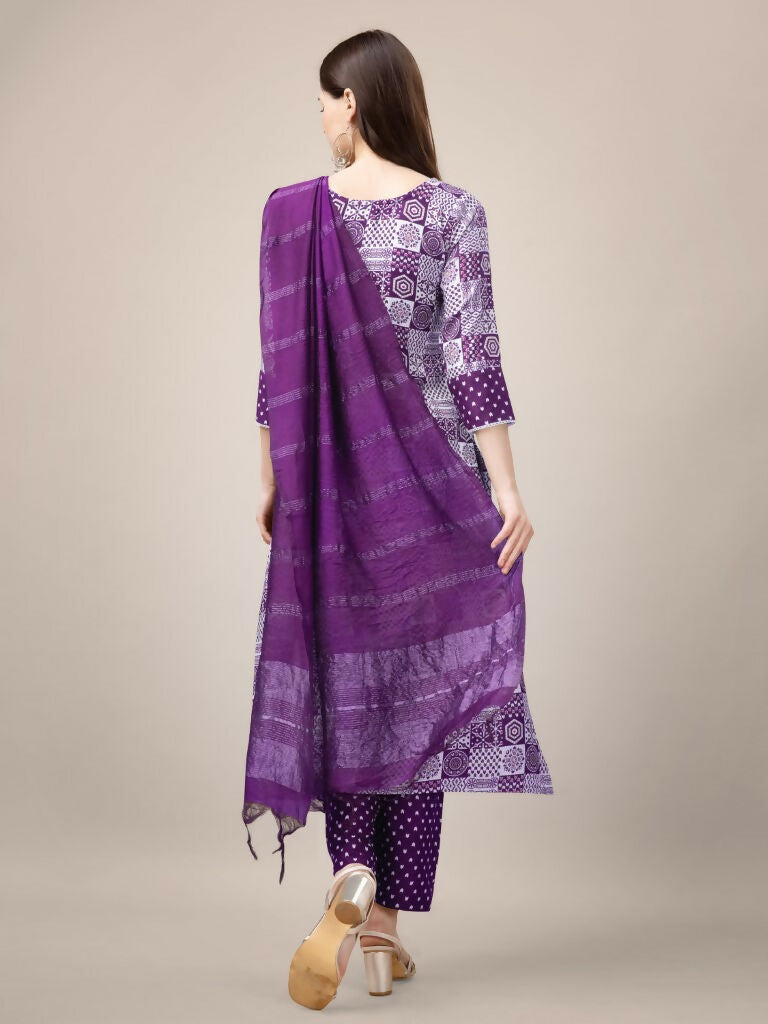 Jyoti Fashion Women's Purple Rayon Print with Embroidery & Fancy Lace Work Kurta with Trouser & Dupatta | Grocsy
