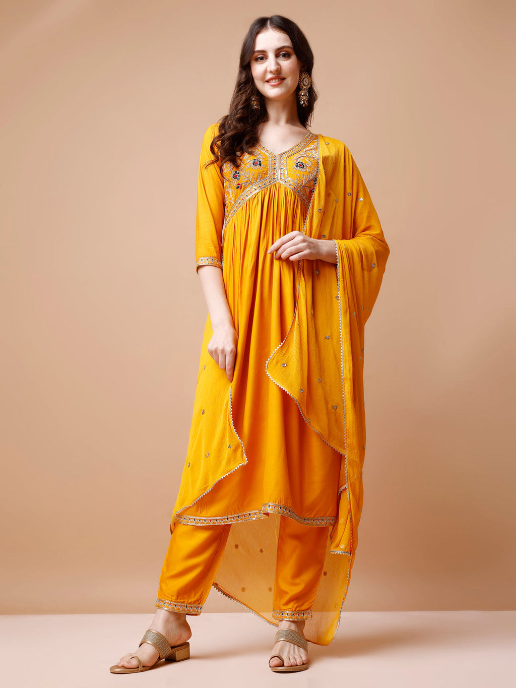 Alia Cut Embroidered Kurta With Pant & Dupatta, Multicolor - Hiral Fashion | Grocsy