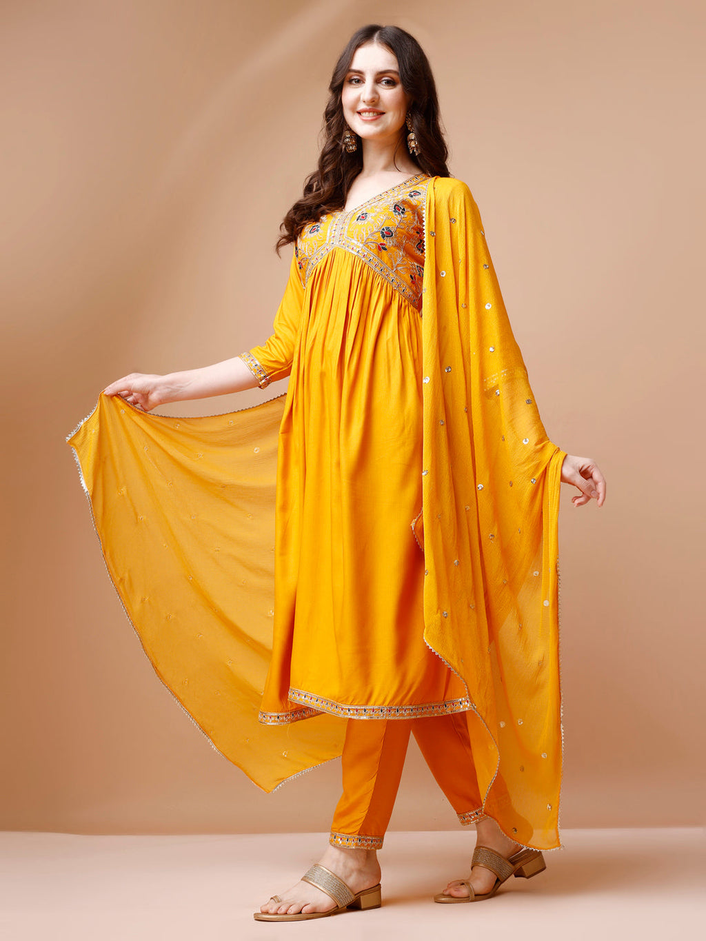 Alia Cut Embroidered Kurta With Pant & Dupatta, Multicolor - Hiral Fashion | Grocsy