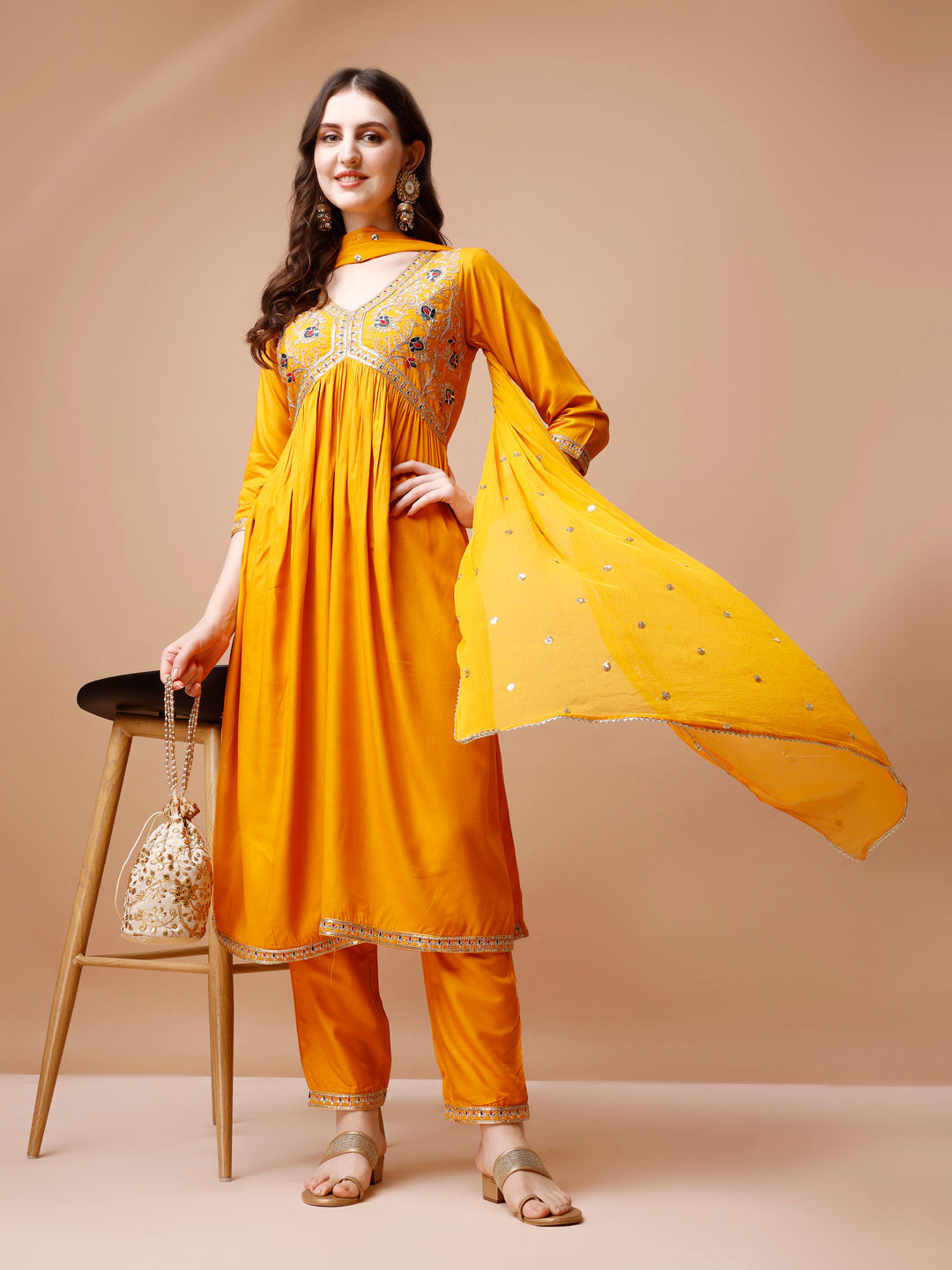 Alia Cut Embroidered Kurta With Pant & Dupatta, Multicolor - Hiral Fashion | Grocsy