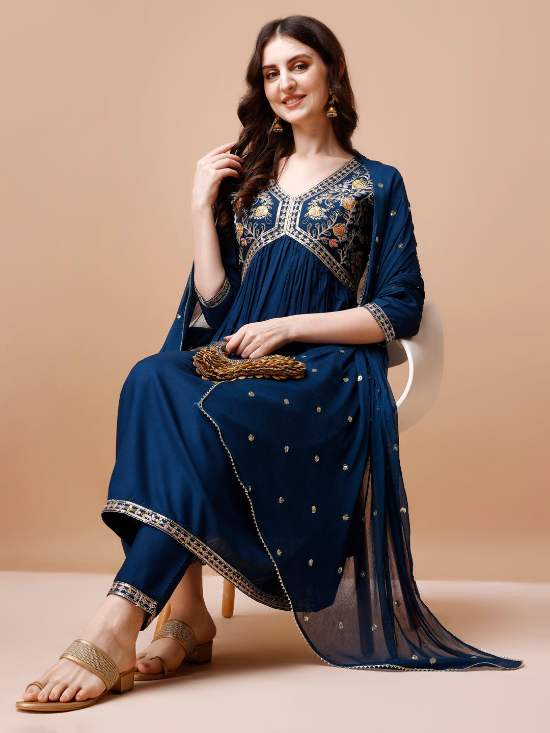 Alia Cut Embroidered Kurta With Pant & Dupatta, Multicolor - Hiral Fashion | Grocsy