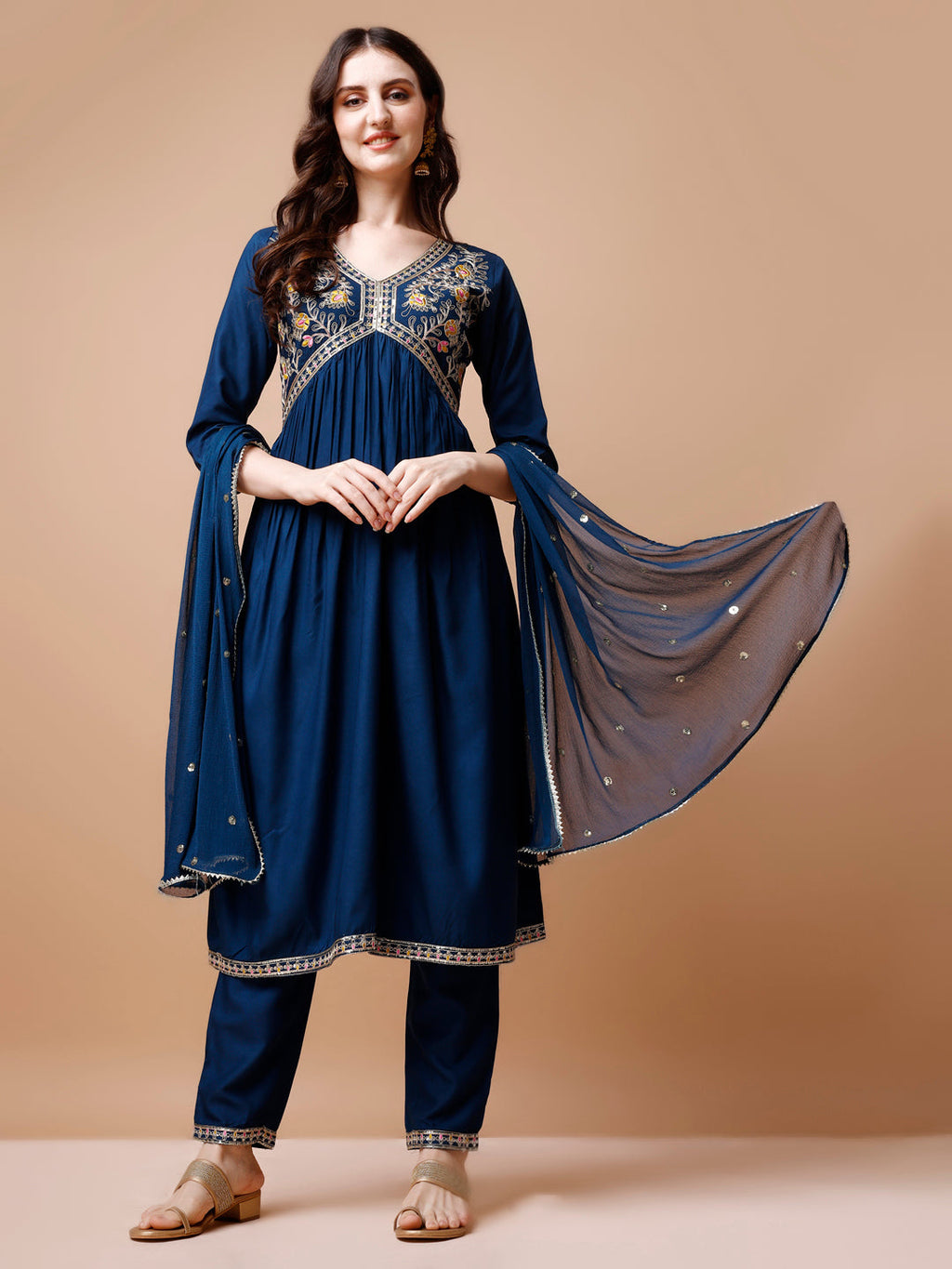 Alia Cut Embroidered Kurta With Pant & Dupatta, Multicolor - Hiral Fashion | Grocsy