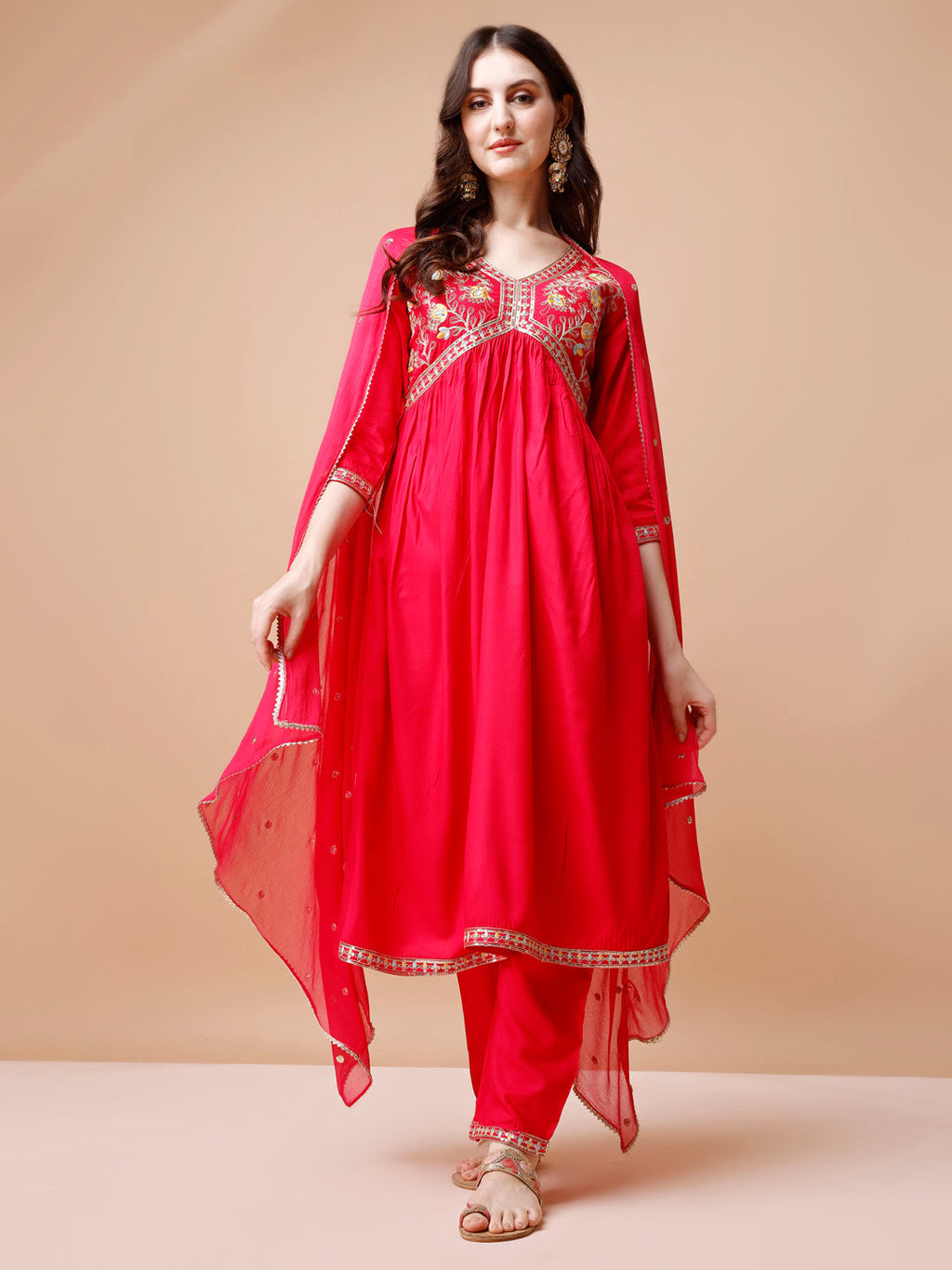 Alia Cut Embroidered Kurta With Pant & Dupatta, Multicolor - Hiral Fashion | Grocsy