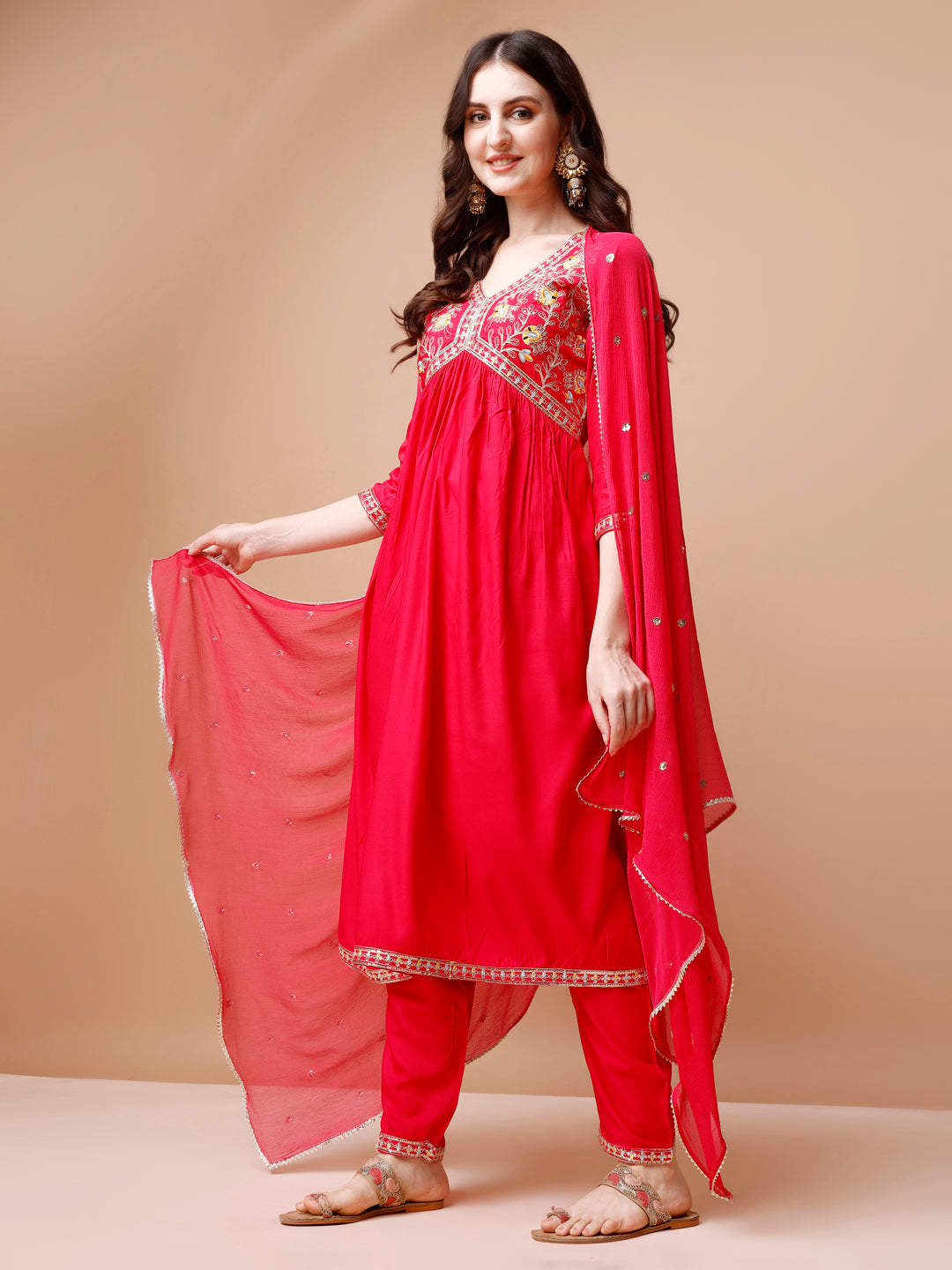 Alia Cut Embroidered Kurta With Pant & Dupatta, Multicolor - Hiral Fashion | Grocsy