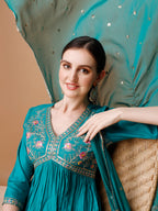 Alia Cut Embroidered Kurta With Pant & Dupatta, Multicolor - Hiral Fashion | Grocsy