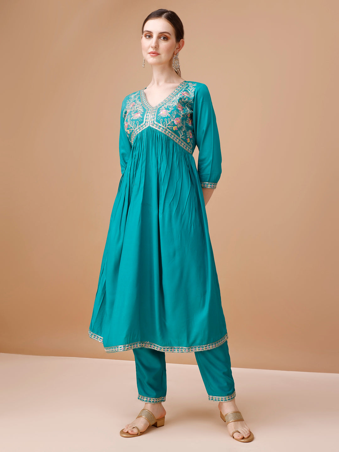 Alia Cut Embroidered Kurta With Pant & Dupatta, Multicolor - Hiral Fashion | Grocsy