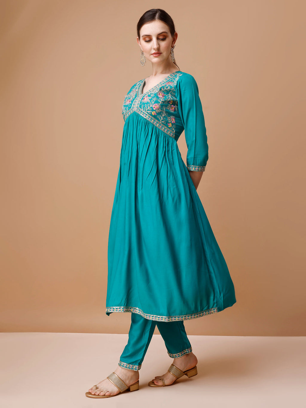 Alia Cut Embroidered Kurta With Pant & Dupatta, Multicolor - Hiral Fashion | Grocsy