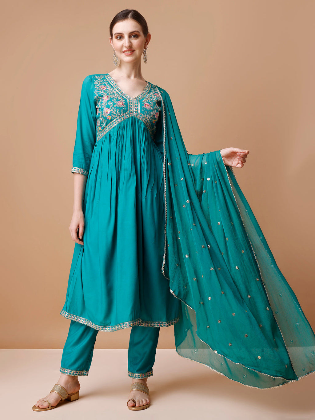 Alia Cut Embroidered Kurta With Pant & Dupatta, Multicolor - Hiral Fashion | Grocsy