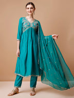 Alia Cut Embroidered Kurta With Pant & Dupatta, Multicolor - Hiral Fashion | Grocsy