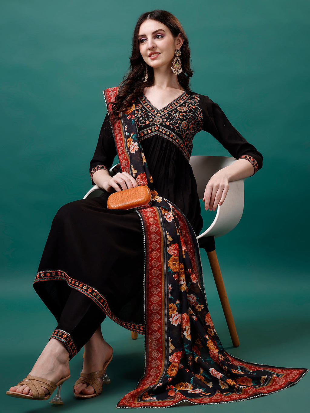 Alia Cut Embroidered Kurta With Pant & Printed Dupatta, Multicolor - Hiral Fashion | Grocsy