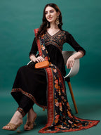 Alia Cut Embroidered Kurta With Pant & Printed Dupatta, Multicolor - Hiral Fashion | Grocsy