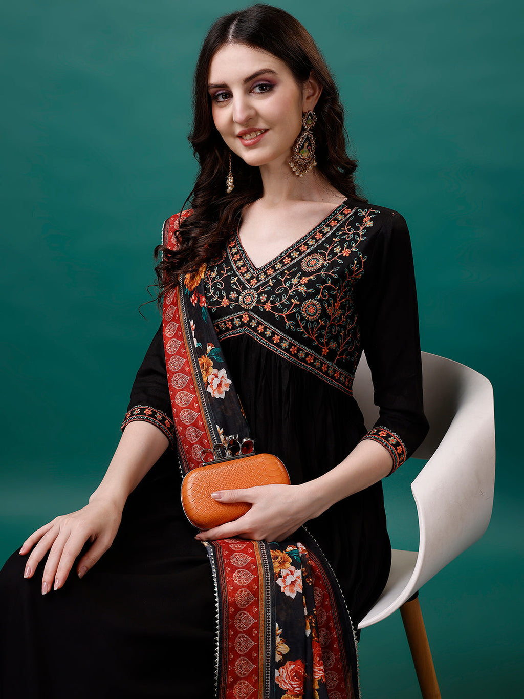 Alia Cut Embroidered Kurta With Pant & Printed Dupatta, Multicolor - Hiral Fashion | Grocsy