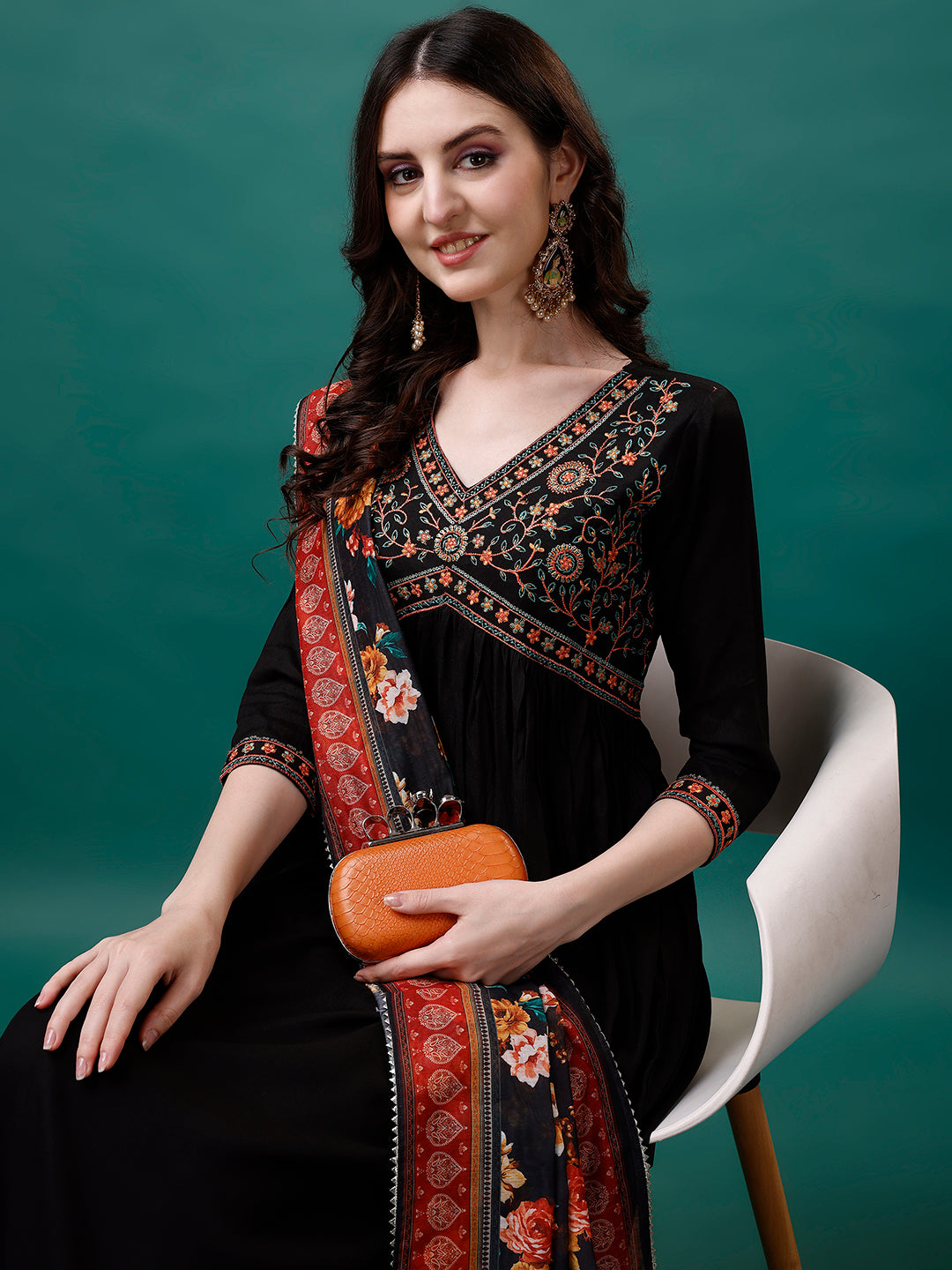 Alia Cut Embroidered Kurta With Pant & Printed Dupatta, Multicolor - Hiral Fashion | Grocsy