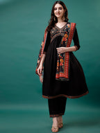 Alia Cut Embroidered Kurta With Pant & Printed Dupatta, Multicolor - Hiral Fashion | Grocsy
