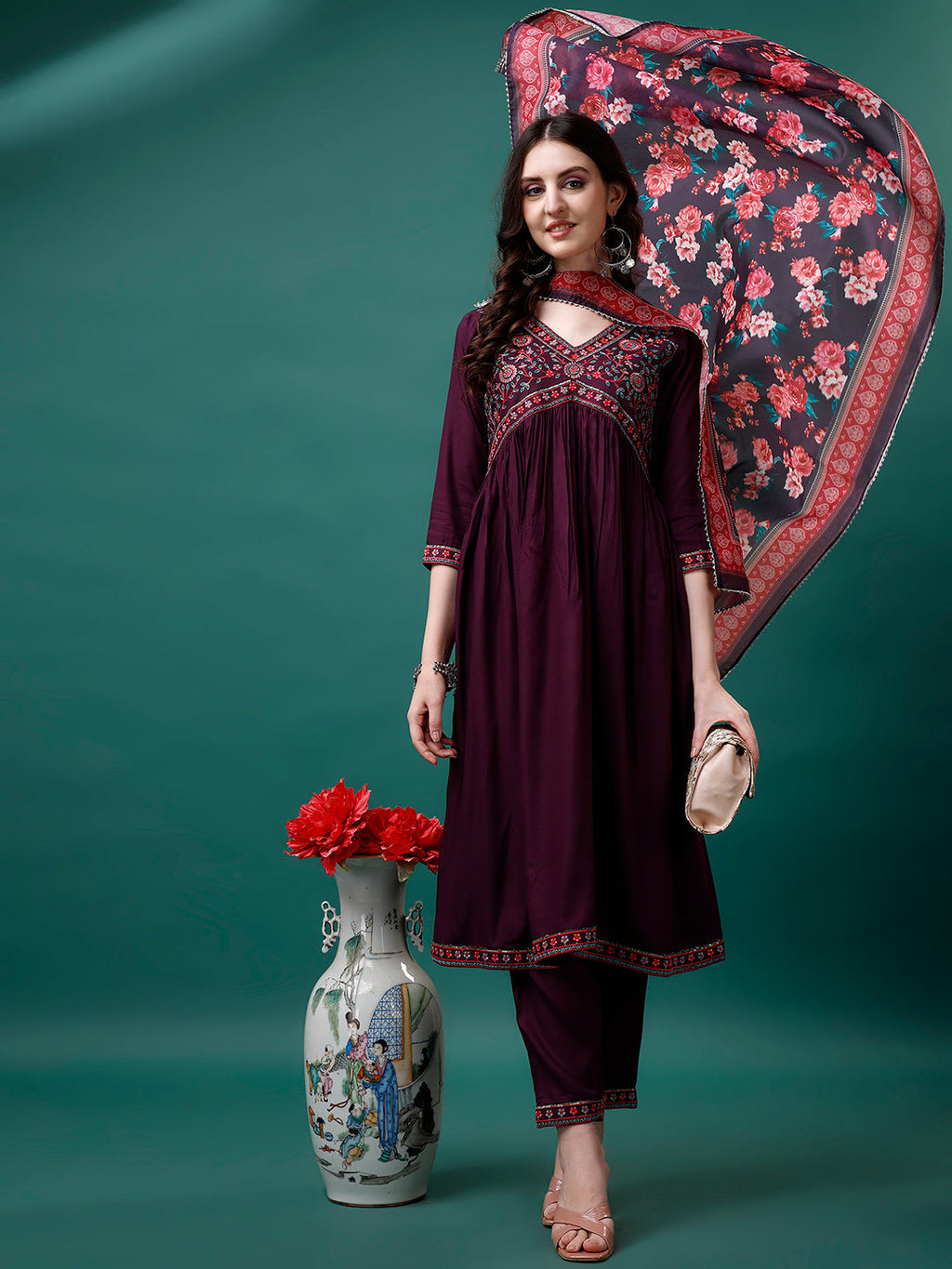 Alia Cut Embroidered Kurta With Pant & Printed Dupatta, Multicolor - Hiral Fashion | Grocsy