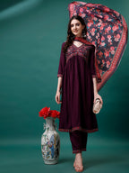 Alia Cut Embroidered Kurta With Pant & Printed Dupatta, Multicolor - Hiral Fashion | Grocsy