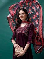 Alia Cut Embroidered Kurta With Pant & Printed Dupatta, Multicolor - Hiral Fashion | Grocsy