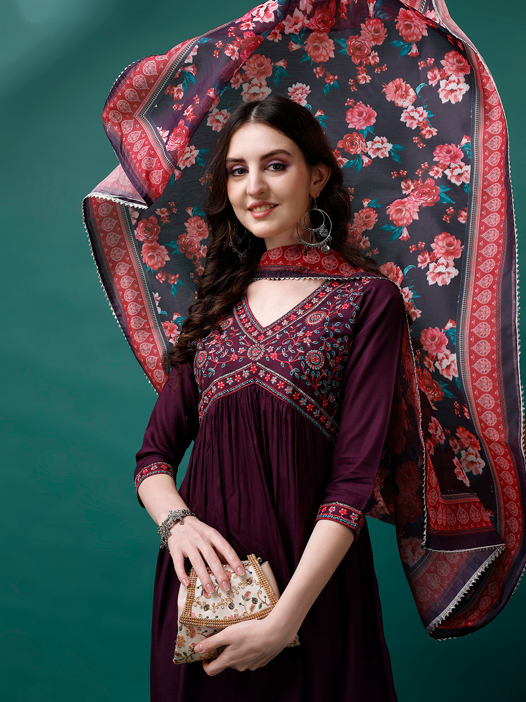 Alia Cut Embroidered Kurta With Pant & Printed Dupatta, Multicolor - Hiral Fashion | Grocsy