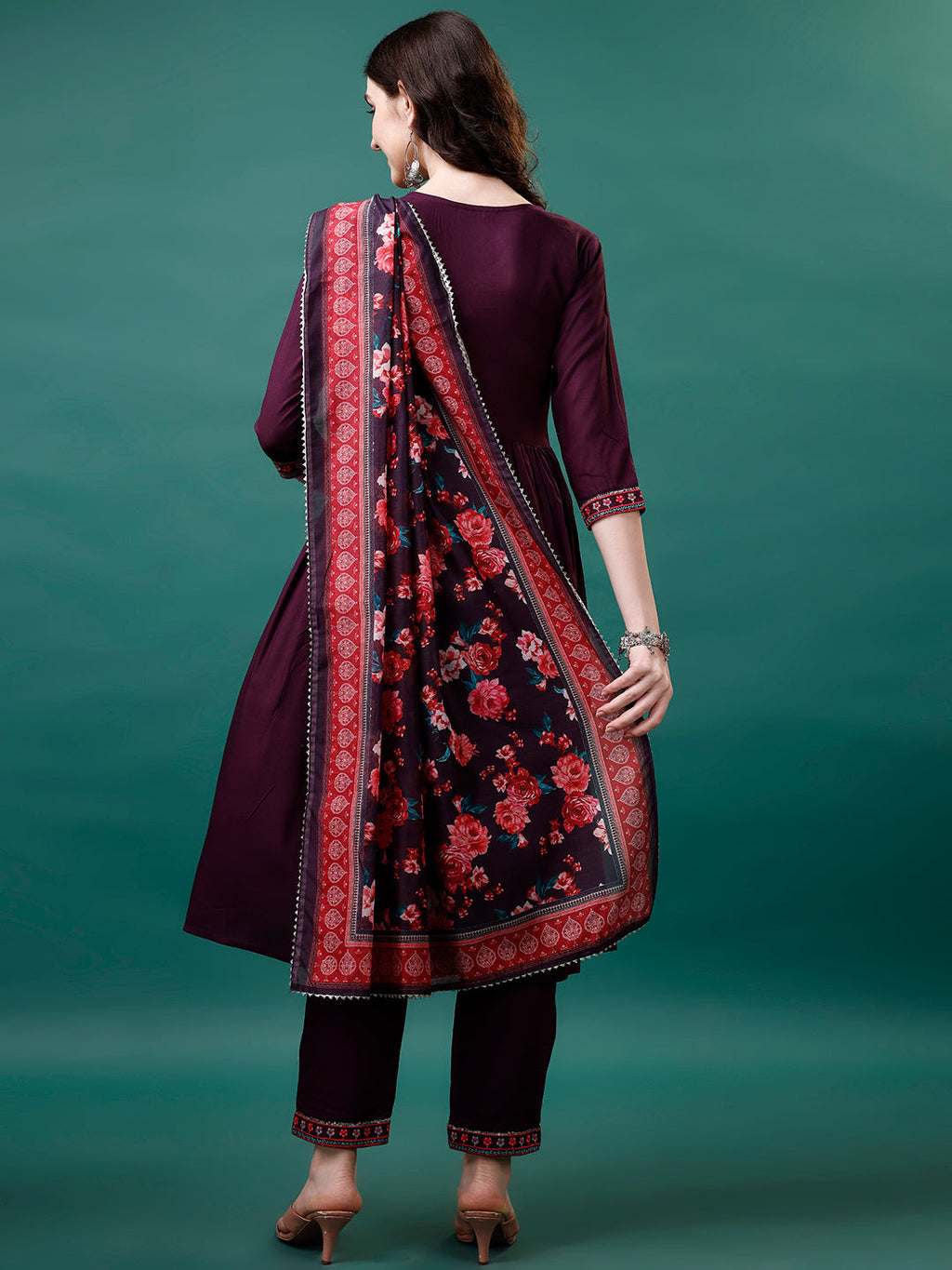 Alia Cut Embroidered Kurta With Pant & Printed Dupatta, Multicolor - Hiral Fashion | Grocsy