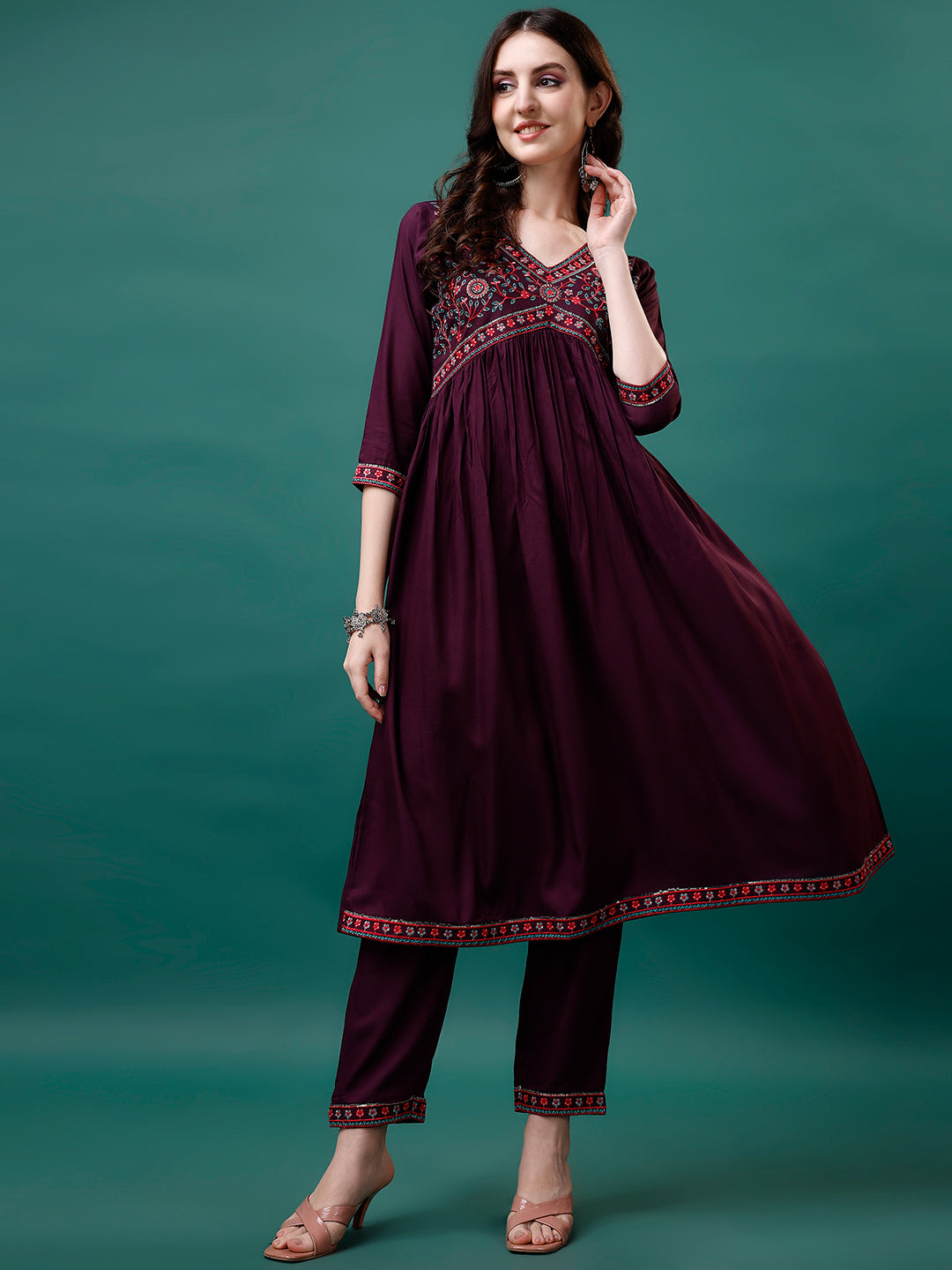 Alia Cut Embroidered Kurta With Pant & Printed Dupatta, Multicolor - Hiral Fashion | Grocsy