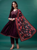 Alia Cut Embroidered Kurta With Pant & Printed Dupatta, Multicolor - Hiral Fashion | Grocsy