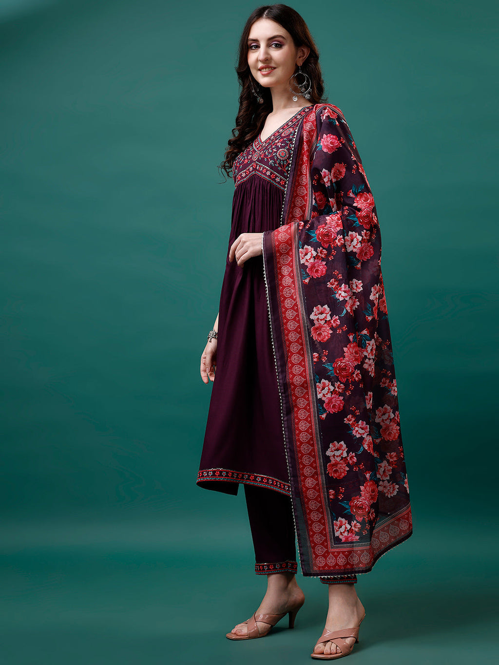 Alia Cut Embroidered Kurta With Pant & Printed Dupatta, Multicolor - Hiral Fashion | Grocsy