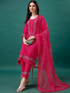 Embroidered Kurta With Pant & Embroidered Organza Dupatta, Multicolor - Hiral Fashion | Grocsy