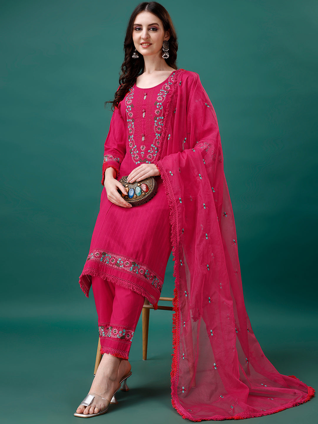 Embroidered Kurta With Pant & Embroidered Organza Dupatta, Multicolor - Hiral Fashion | Grocsy