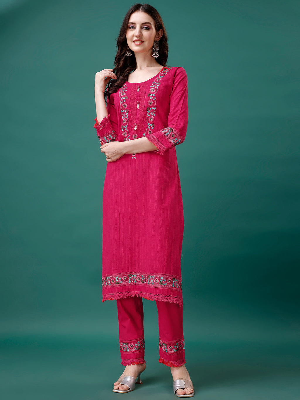 Embroidered Kurta With Pant & Embroidered Organza Dupatta, Multicolor - Hiral Fashion | Grocsy