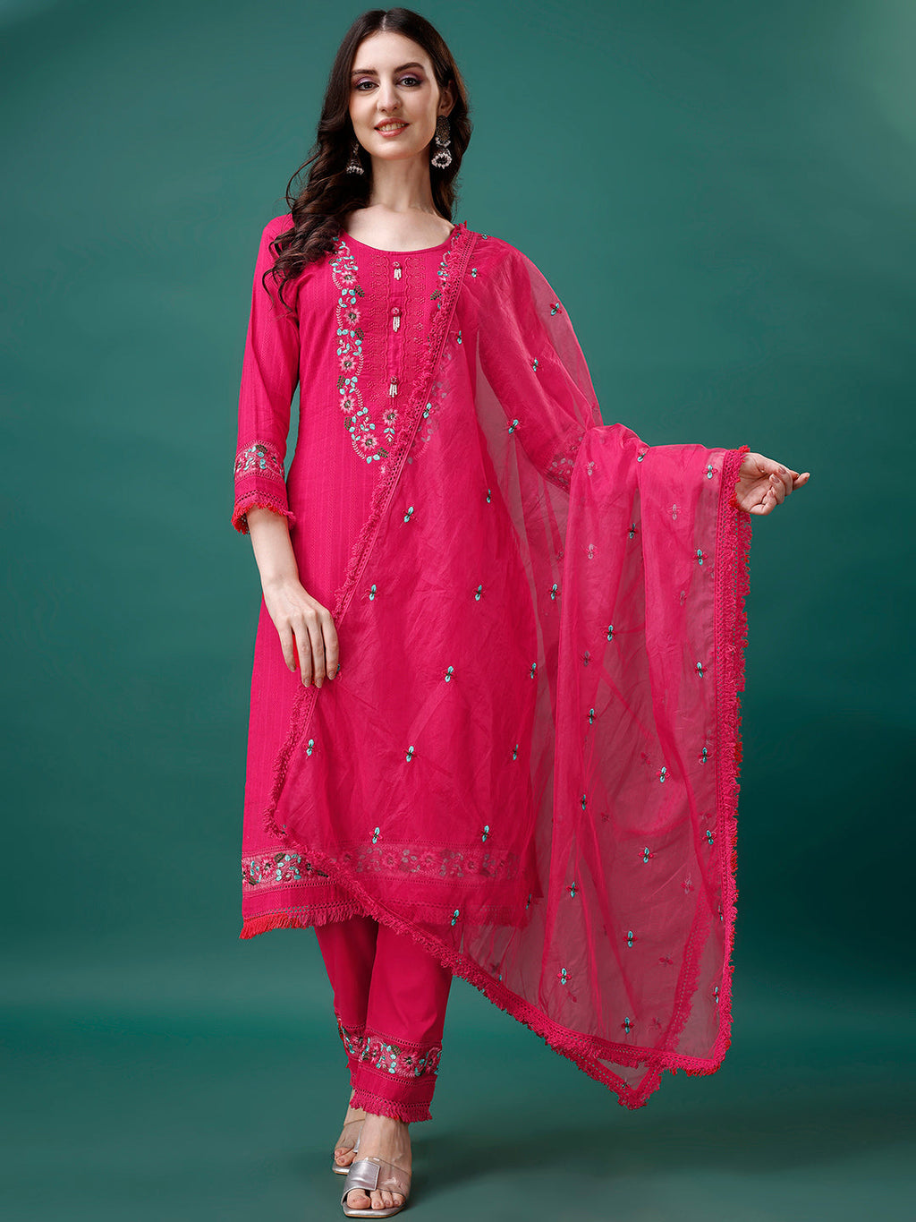 Embroidered Kurta With Pant & Embroidered Organza Dupatta, Multicolor - Hiral Fashion | Grocsy