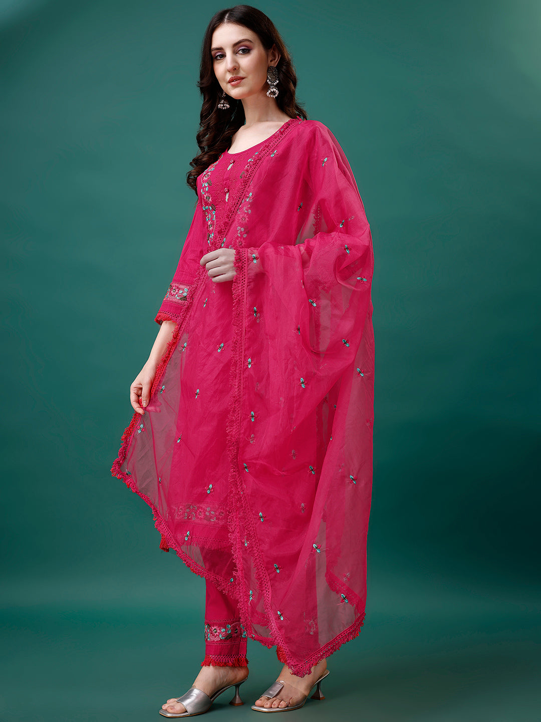 Embroidered Kurta With Pant & Embroidered Organza Dupatta, Multicolor - Hiral Fashion | Grocsy